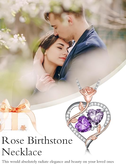 Jewelry for Her Double Heart Rose Birthstone Pendant Necklace Anniversary Jewelry Christmas Birthday Gifts for Women Wife Girlfriend