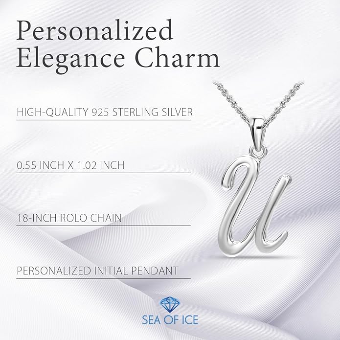 SEA OF ICE Letter Initial Necklace, Alphabet Letter Pendant Necklace, Sterling Silver, Gold, Rose Gold Necklace for Women, Elegant Initial Necklaces, Personalized Custom Women's Necklaces