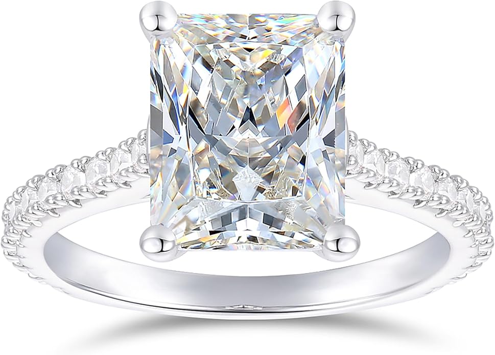 14K Gold Moissanite Engagement Rings 4 Carat 8x10mm Radiant Cut Moissanite Rings 14K White Gold Radiant Cut Engagement Ring for Women