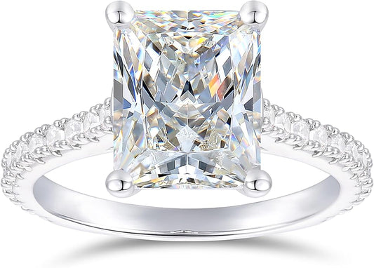 14K Gold Moissanite Engagement Rings 4 Carat 8x10mm Radiant Cut Moissanite Rings 14K White Gold Radiant Cut Engagement Ring for Women
