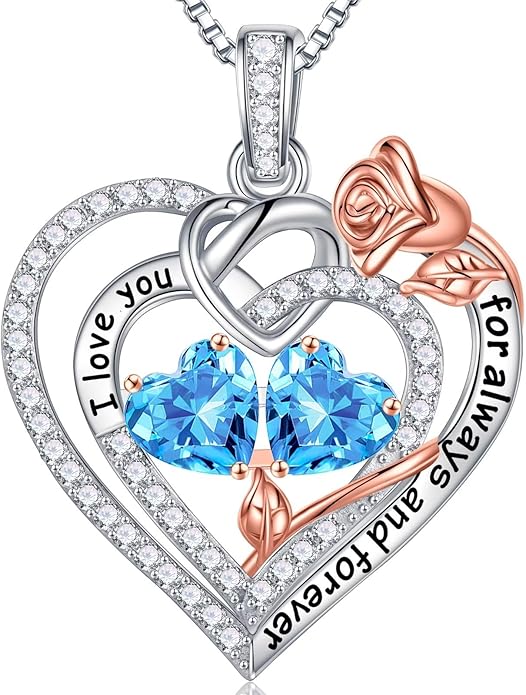 Iefil Rose Heart Necklace Gifts for Wife Women - 925 Sterling Silver Double Birthstone Necklace, Anniversary Birthday Gifts for Women, Jewelry Gift for Wife Girlfriend Mom Her