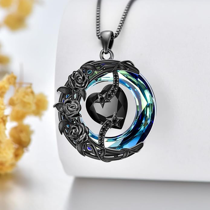 TOUPOP Birthstone Necklace 925 Sterling Silver Moon and Star Pendant with Blue Crystal Celtic Moon Jewelry Birthday Christmas Gifts for Women Mom Wife Her Daughter