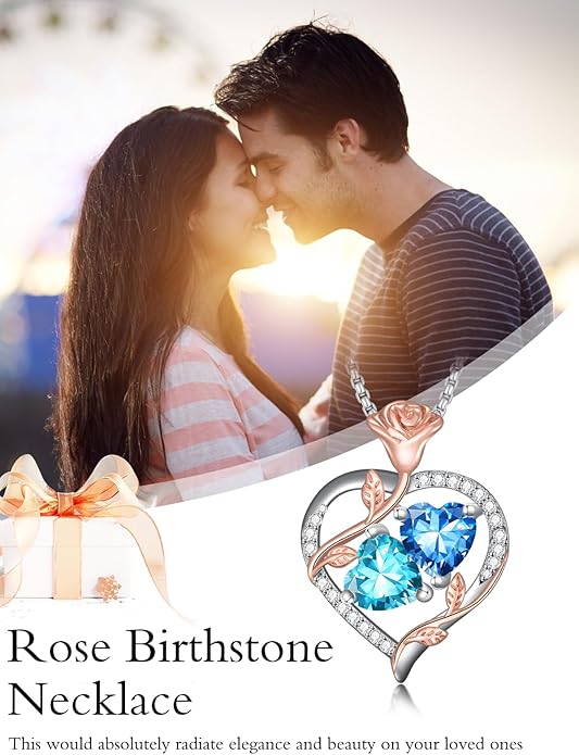 Jewelry for Her Double Heart Rose Birthstone Pendant Necklace Anniversary Jewelry Christmas Birthday Gifts for Women Wife Girlfriend