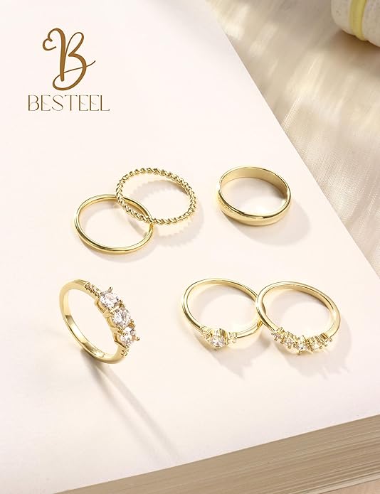 Besteel Gold Rings for Women - Non Tarnish 14K Gold Plated Stackable Rings, Dainty Cubic Zirconia Thin Thumb Ring Set, Trendy Statement Promise Wedding Bands Engagement Rings for Women Size 6-10