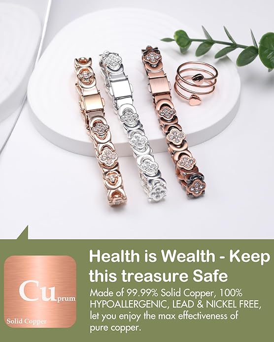 Feraco Pure Copper Bracelets for Women, Ultra Strength Magnetic Therapy Bracelet for Pain Relief with 3800 Gauss Magnets & Sparkling Cubic Zirconia, Adjustable, Infinite Clover Jewelry