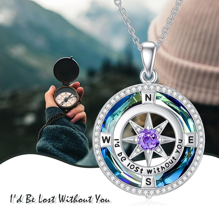 TOUPOP Compass Necklace for Women 925 Sterling Silver I'd be Lost without You Compass Pendant Birthstone Necklaces Anniversary Jewelry Birthday Gift for Girlfriend Wife Graduation Gifts for Her Daugthter
