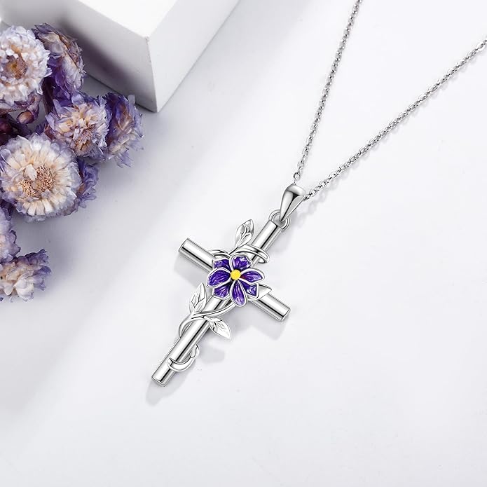 Flower Cross Necklace 925 Sterling Silver Carnation/Rose/Lily/Daisy Cross Necklace Birth Flower Jewelry for Women
