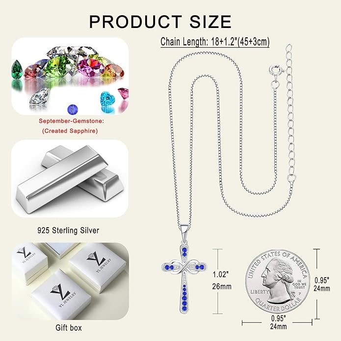 YL 925 Sterling Silver Cross Necklace for Women Halo Infinity Pendant Birthstone Jewelry for Mom
