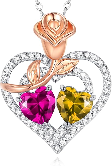 AGVANA Birthstone Necklace for Women Sterling Silver Rose Flower Heart Double Birthstone Jewelry Pendant Necklace Anniversary Birthday Gifts for Women Mom Wife Girlfriend Her