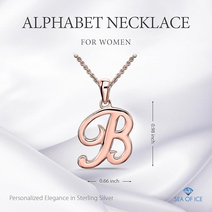 SEA OF ICE Letter Initial Necklace, Alphabet Letter Pendant Necklace, Sterling Silver, Gold, Rose Gold Necklace for Women, Elegant Initial Necklaces, Personalized Custom Women's Necklaces