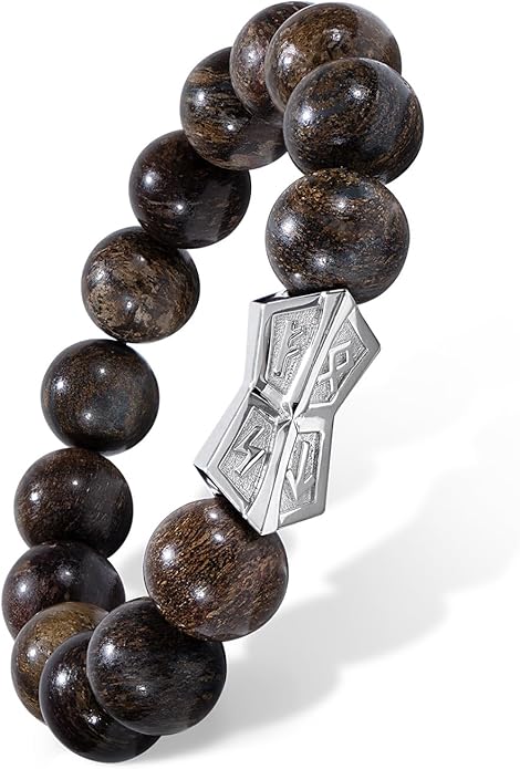 AWNL® Men's Beaded Bracelet with Sterling Silver Engraved Runes Charm 12mm Bronzite Dumortierite Obsidian Natural Gemstone Gift for Men, 6.1''-7.9''