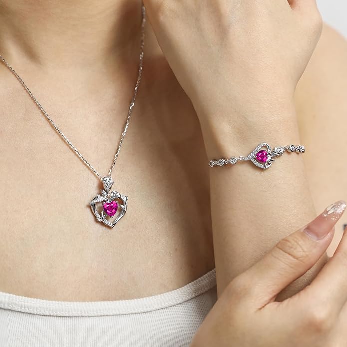 AGVANA Rose Birthstone Necklace for Women Sterling Silver Rose Flower Heart Necklace Fine Jewelry Anniversary Birthday Gifts for Women Wife Mom Her, Length: 18"+2"