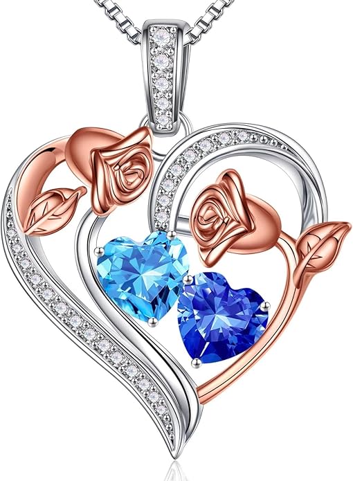 Iefil Birthstone Necklace for Women - 925 Sterling Silver Rose Heart Necklace, Birthstone Jewelry, Anniversary Birthday Gifts for Wife Girlfriend Mom Daughter