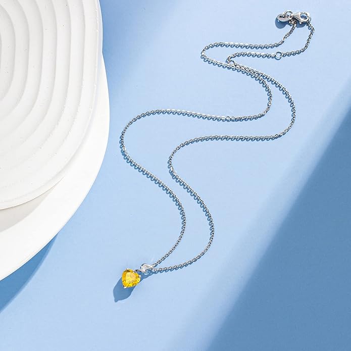 AGVANA 14K Solid White Gold Diamond Gemstone Pendant with Sterling Silver Chain 8mm Heart Birthstone Necklace Fine Jewelry Anniversary Birthday Gifts for Women Mom Wife