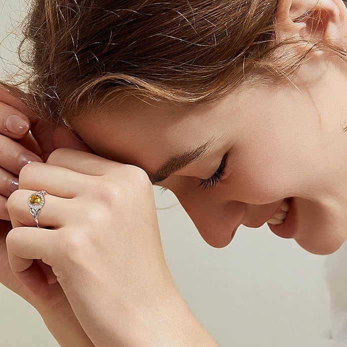 DAYBYDAY Celtic Birthstone Rings for Women 925 Sterling Silver Heart/Round/Pear/Oval Created Gemstone Moissanite Halo Engagement Promise Rings for Her Wife Birthday Anniversary Wedding Jewelry