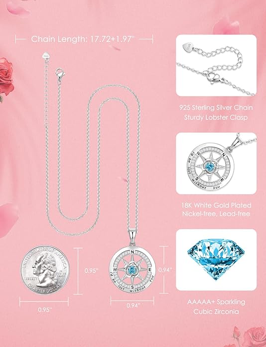 Silver Compass Necklace for Women Birthday Gifts for Wife Anniversary Necklace for Women Rose Flower Birthstone Necklaces for Wife Jewelry for Womens Girlfriend Mom Daughter