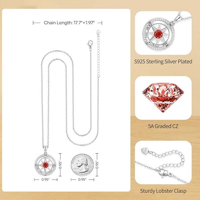 Peeshow Gifts for Women Wife-Compass Birthstone Necklace Gift for Wife Birthday Wedding Anniversary Women Jewelry for Her Girlfriend S925 Sterling Silver