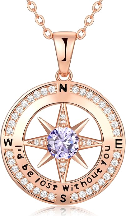 Compass Necklace Gifts for Women wife - S925 Sterling Silver Birthstone Necklaces for Women - Anniversary Birthday Gifts for Her Wife Girlfriend - Valentines Mom Mothers Day Christmas Gifts Jewelry for Women