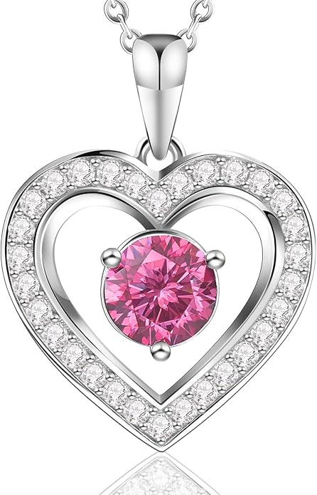 Full Moissanite Heart Necklace - No CZ! 2ct Vibrant Birthstone & 30 White Gems | 12 Month Gifts for Wife, Mom, Her | Anniversary, Valentine's Day, Mother's Day Jewelry