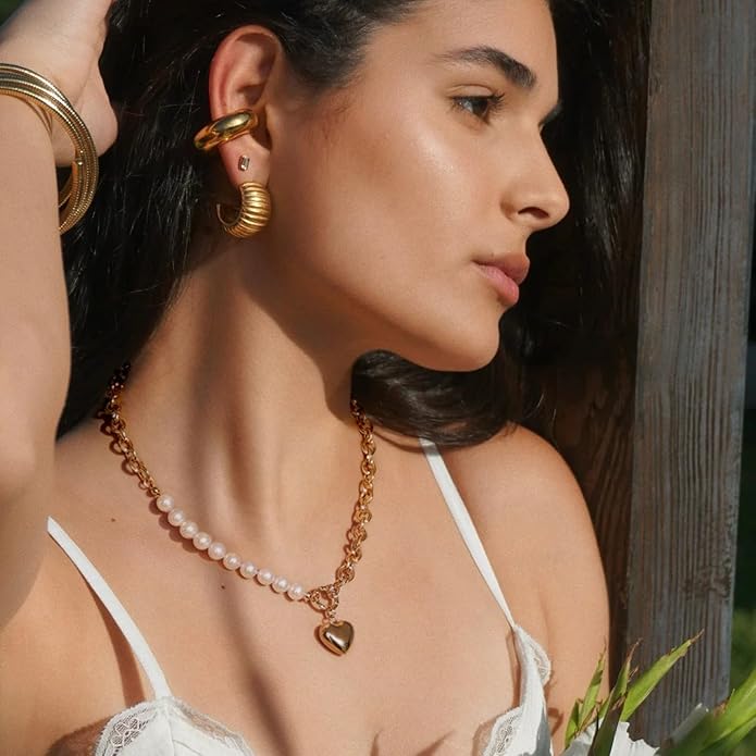 18k Gold Chain Link Necklace for Women, Baroque Pearl/Compass Pendant Necklace