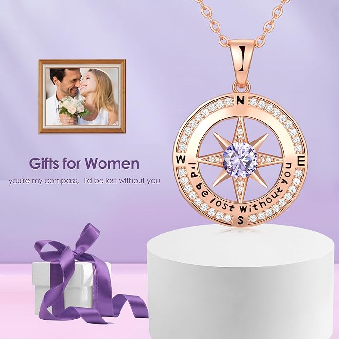 Compass Necklace Gifts for Women wife - S925 Sterling Silver Birthstone Necklaces for Women - Anniversary Birthday Gifts for Her Wife Girlfriend - Valentines Mom Mothers Day Christmas Gifts Jewelry for Women