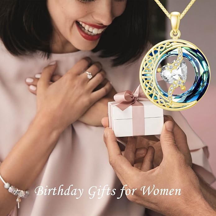 TOUPOP Birthstone Necklace 925 Sterling Silver Moon and Star Pendant with Blue Crystal Celtic Moon Jewelry Birthday Christmas Gifts for Women Mom Wife Her Daughter