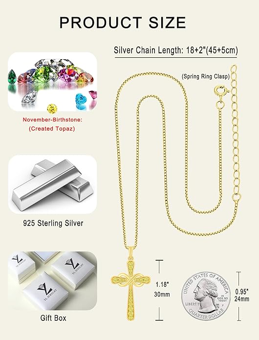 YL 925 Sterling Silver Cross Necklace for Women Halo Infinity Pendant Birthstone Jewelry for Mom