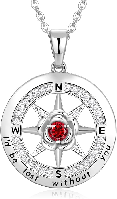Silver Compass Necklace for Women Birthday Gifts for Wife Anniversary Necklace for Women Rose Flower Birthstone Necklaces for Wife Jewelry for Womens Girlfriend Mom Daughter
