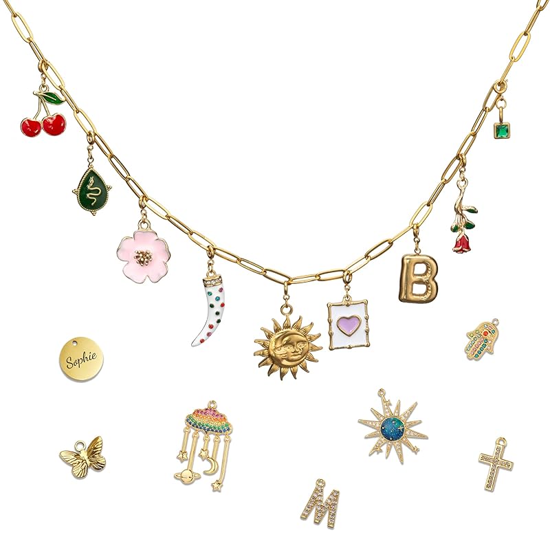 Build Your Own Custom Gold Charm Necklace, Statement Vintage Style Chunky Paperclip Link Chain Necklace for Women, Name Initial Charms