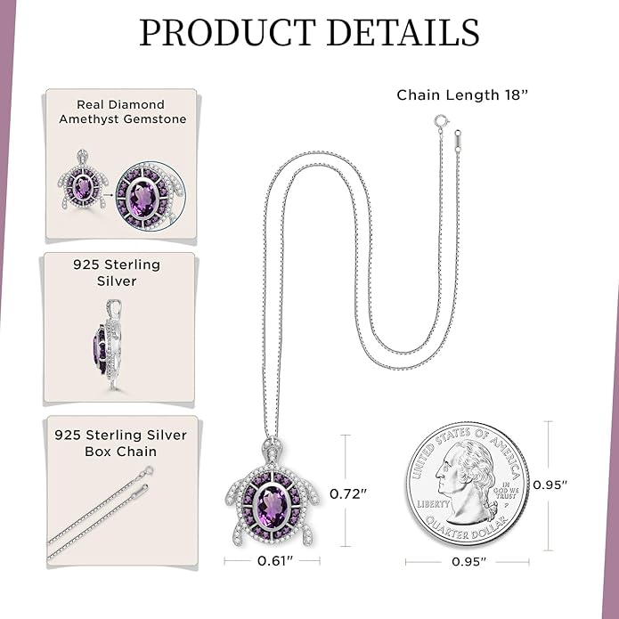 Jewelili Sterling Silver Turtle Birthstone Pendant Necklace | 7X5 MM Oval & 1.25 MM Round Cut Birthstone with Round Created White Sapphire Gemstones | 18" Box Chain | Luxury Jewelry Gift for Her | Gift Box Included