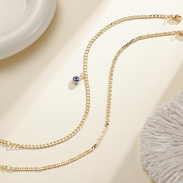 Ritach Ankle Bracelets for Women - Stainless Steel Silver/Gold Anklets for Women Waterproof Layered Cuban Link Figaro Chain Heart Anklets Set Summer Beach Jewelry Gifts