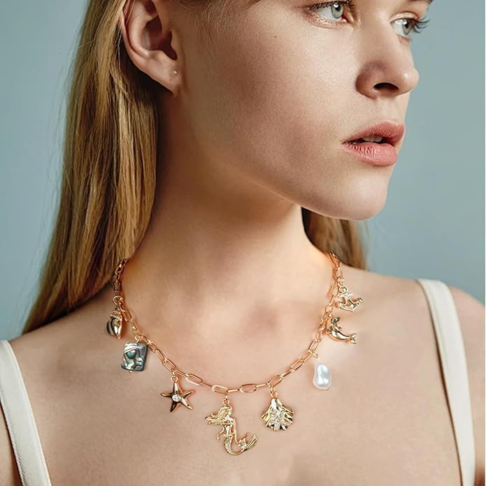 Gold Plated Paperclip Chain Beach Charm Necklace for Women Cute Shell Bow Dainty Beachy Starfish Pearl Seashell Strawberry Fruit Heart Mermaid Summer Jewelry Gift