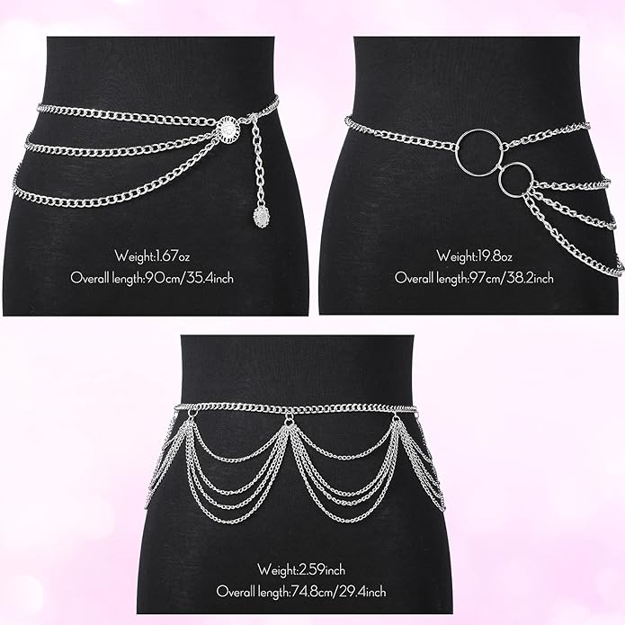 Hicarer 3 Pcs Silver Gold Waist Chain for Body Multi Layer Metal Chain Belts for Women Girls Summer Beach Jewelry Adjustable