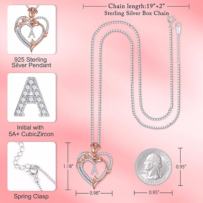 Iefil Rose Heart Necklaces Gifts for Women, 925 Sterling Silver Rose Heart Initial Letter Necklace for Her Mom Wife Girlfriend