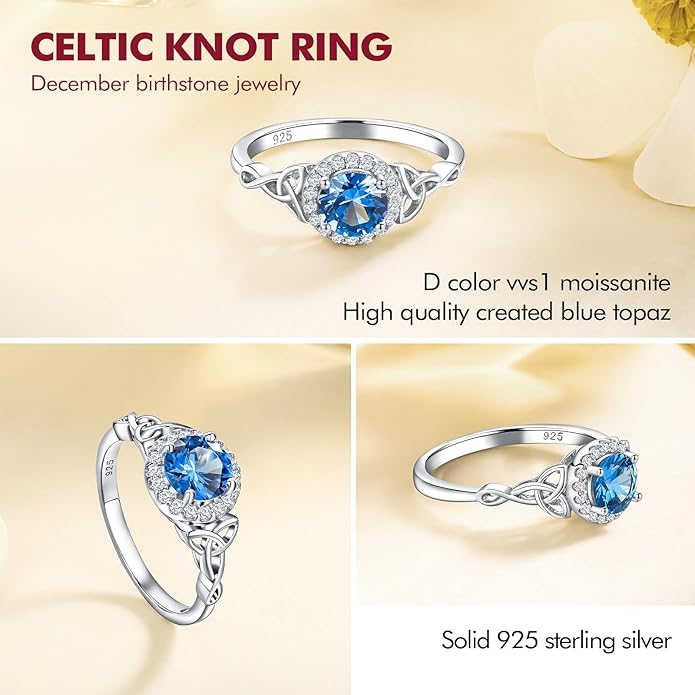DAYBYDAY Celtic Birthstone Rings for Women 925 Sterling Silver Heart/Round/Pear/Oval Created Gemstone Moissanite Halo Engagement Promise Rings for Her Wife Birthday Anniversary Wedding Jewelry