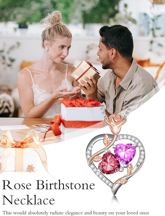 Jewelry for Her Double Heart Rose Birthstone Pendant Necklace Anniversary Jewelry Christmas Birthday Gifts for Women Wife Girlfriend