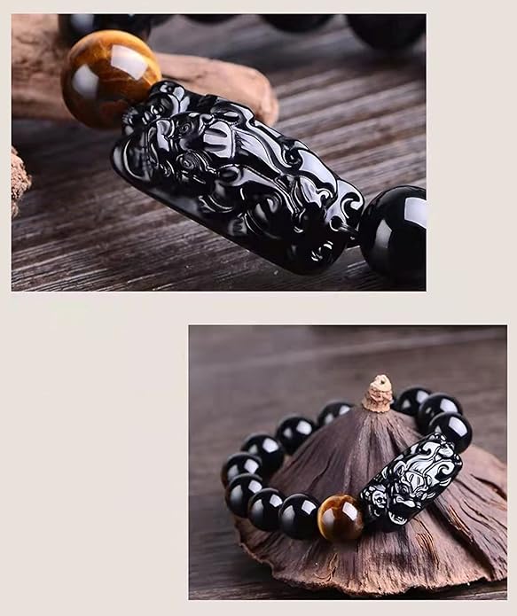 Black Obsidian Bracelet,Feng Shui Black Obsidian Wealth Bracelet for Women Men Stretch Obsidian Bracelet Bangle with Pixiu Tiger Eye Stone Attract Wealth Money and Good Luck