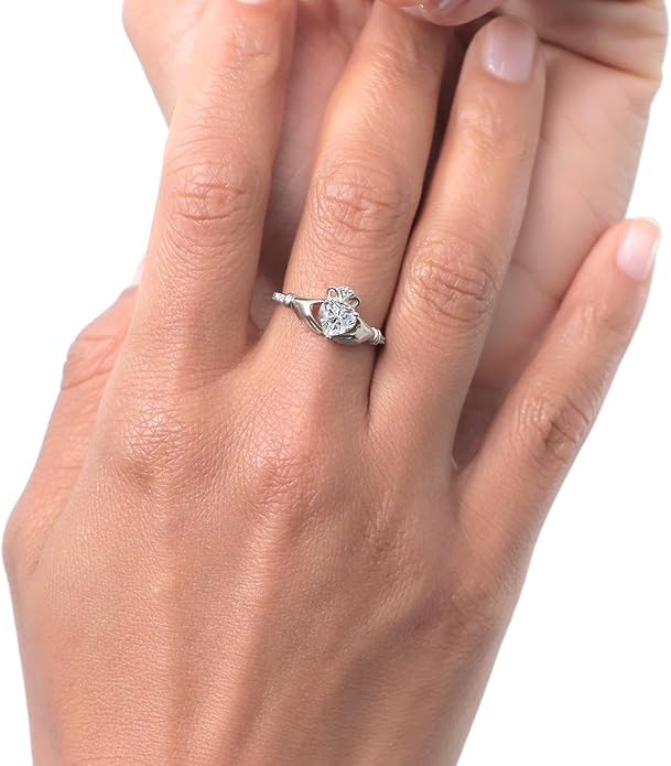 Gem Stone King 10K White Gold 6MM Heart Shape Gemstone Birthstone and White Diamond Irish Celtic Claddagh Engagement Ring | Gold Ring For Women | Available In Size 5, 6, 7, 8, 9