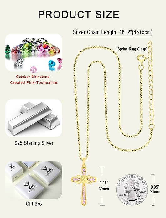 YL 925 Sterling Silver Cross Necklace for Women Halo Infinity Pendant Birthstone Jewelry for Mom