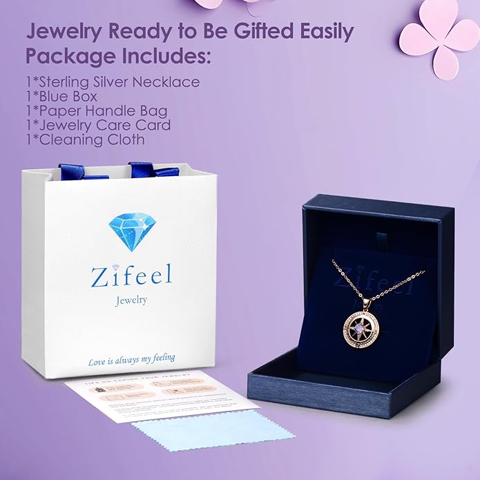 Compass Necklace Gifts for Women wife - S925 Sterling Silver Birthstone Necklaces for Women - Anniversary Birthday Gifts for Her Wife Girlfriend - Valentines Mom Mothers Day Christmas Gifts Jewelry for Women