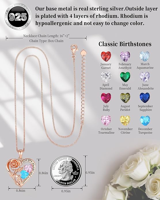 925 Sterling Silver Double Birthstone Rose Flower Heart Jewelry Necklaces for Women Anniversary Love Forever Necklaces for Her Birthday Gifts for Wife Girlfriend Mom Mothers Day Rose Gold
