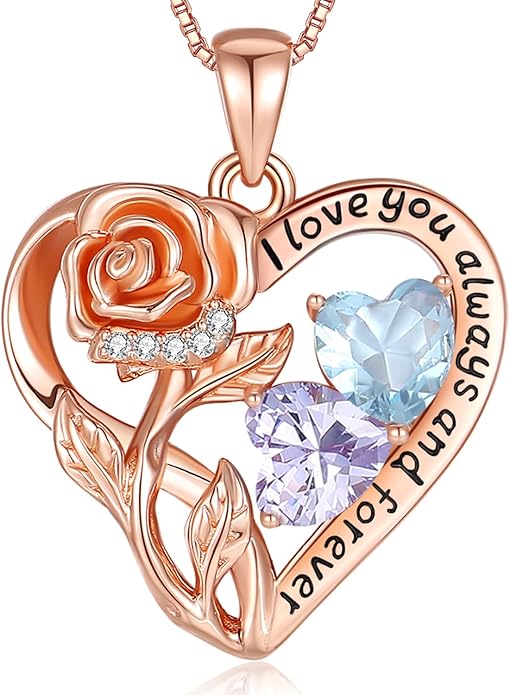 925 Sterling Silver Double Birthstone Rose Flower Heart Jewelry Necklaces for Women Anniversary Love Forever Necklaces for Her Birthday Gifts for Wife Girlfriend Mom Mothers Day Rose Gold