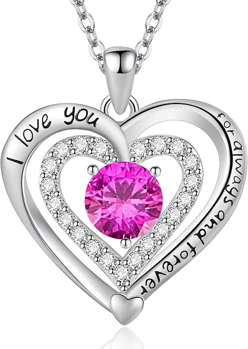 Heart Necklace, I Love You Always & Forever, Birthstone Cubic Zirconia Pendant, Gift for Women