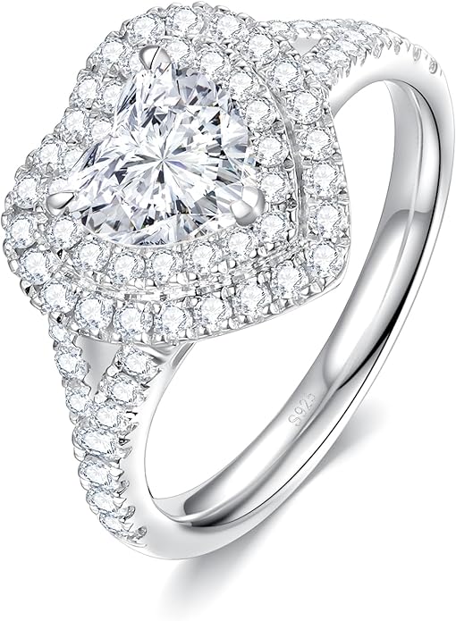 1.6CT Moissanite Heart Shaped Engagement Ring for Women D Color VVS1 Double Halo Wedding Ring S925 Sterling Silver with 18K White Gold Plated Genuine Moissanite Promise Ring for Her Size 5-10