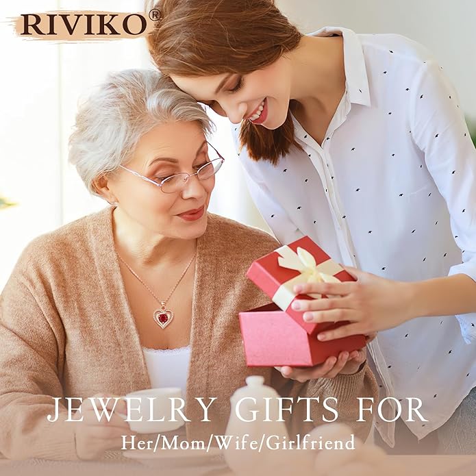 RIVIKO Heart Birthstone Pendant Necklace for Women 925 Sterling Silver Zirconia Necklaces Wedding Anniversary Birthday Mothers Day Jewelry Gifts For Her Mother Wife