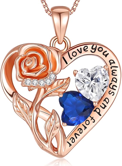 925 Sterling Silver Double Birthstone Rose Flower Heart Jewelry Necklaces for Women Anniversary Love Forever Necklaces for Her Birthday Gifts for Wife Girlfriend Mom Mothers Day Rose Gold