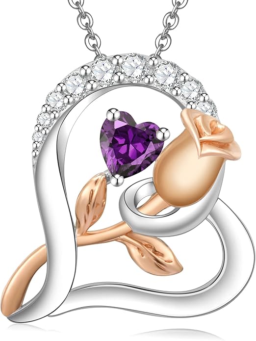 Rose Flower Heart Birthstone Necklaces for Women, 925 Sterling Silver Anniversary Jewelry, Pendant Heart Necklaces Birthday Anniversary Christmas Gift for Women Wife Mom Girlfriend Lady