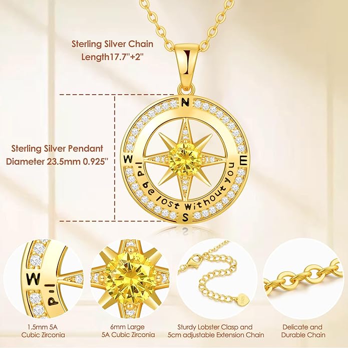 Compass Necklace Gifts for Women wife - S925 Sterling Silver Birthstone Necklaces for Women - Anniversary Birthday Gifts for Her Wife Girlfriend - Valentines Mom Mothers Day Christmas Gifts Jewelry for Women