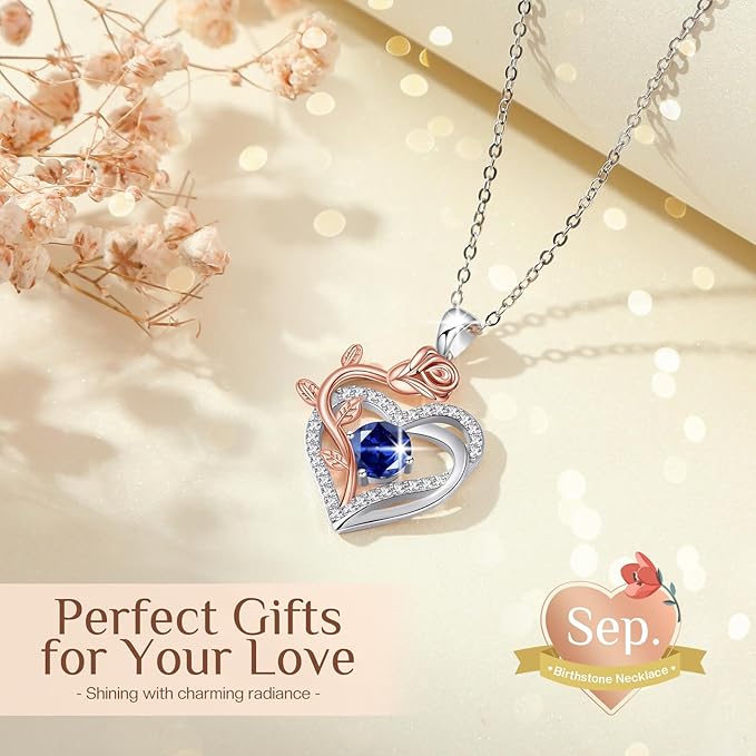 moshen Rose Heart Necklace for Women, 925 Sterling Silver Birthstone Pendant - Gift for Her Women (09-September-Sapphire Royal Blue)
