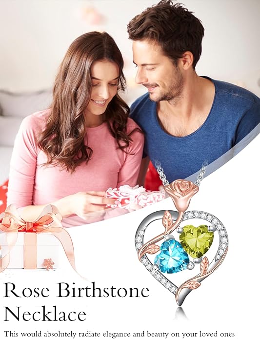 Jewelry for Her Double Heart Rose Birthstone Pendant Necklace Anniversary Jewelry Christmas Birthday Gifts for Women Wife Girlfriend